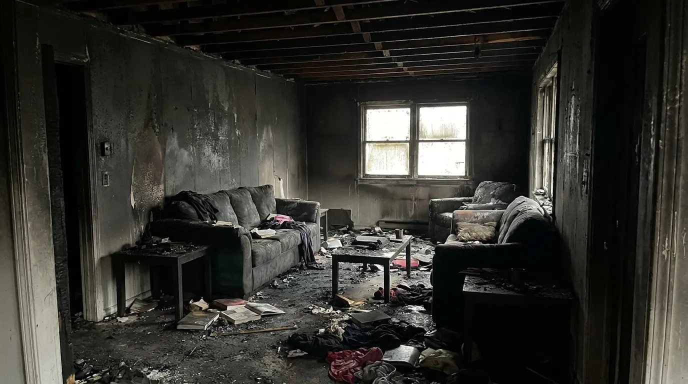Living room with severe fire damage and charred walls before restoration