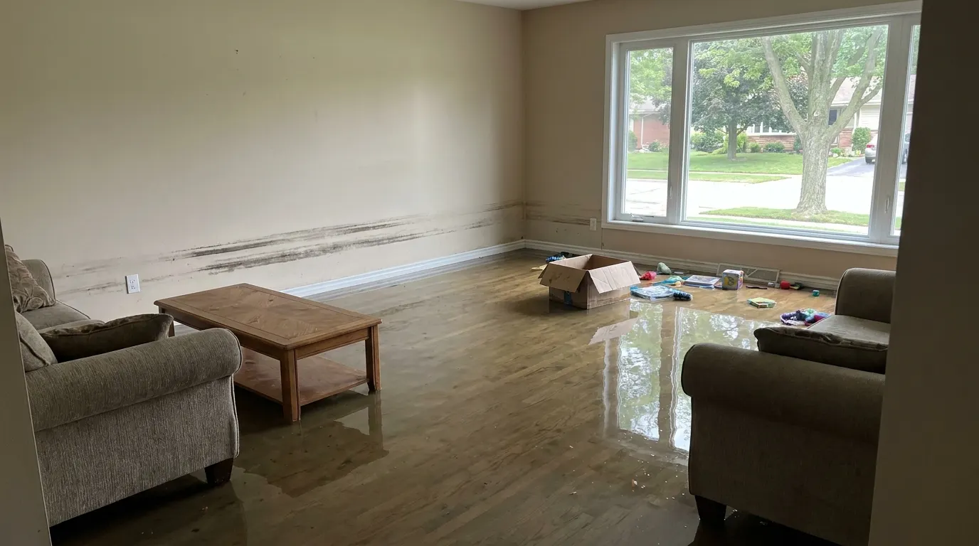 Flooded living room with standing water before restoration